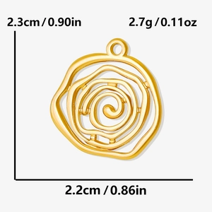Detailed dimensions of gold hollow rose pendant in stainless steel with size measurements