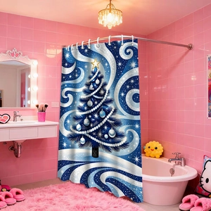 Detail of Christmas shower curtain with navy blue tree pattern in a pink bathroom