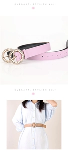 Detailed view of women thin belts with pearl and rhinestone encrusted double ring buckles