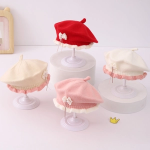 Toddler Baby Girl Knitted Beret Hat Acrylic Warm Sweet Princess Style With Lace Bow And Ruffle Edge Ribbons