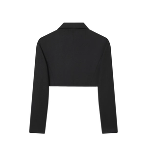 Rear view of a chic black cropped blazer for women with a structured minimalist design