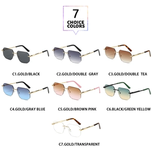 Detail view of seven rimless geometric sunglasses with metal spiral textured temples