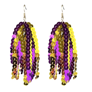 Sparkling purple and gold multi-layer sequin fringe drop earrings for sports fans