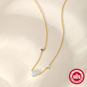 Elegant S925 sterling silver gold necklace with round opal and sparkling blue zircon