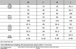Detailed size chart for women's two-piece blazer suit including chest and waist measurements