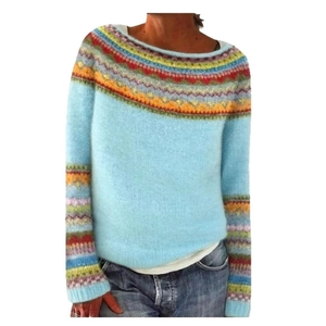 Women's crew neck color-block knit sweater featuring colorful Nordic patterns