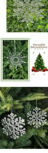 Macro shot of clear acrylic snowflake ornaments and icicles on a green Christmas tree