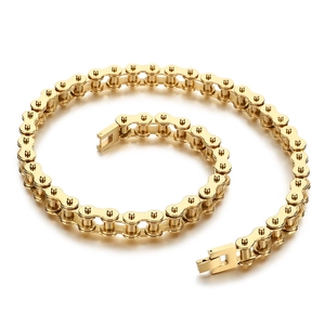 Golden stainless steel bicycle chain necklace for men with polished punk style finish