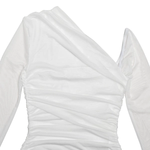 Close-up of white pleated mesh long sleeve top with asymmetric one-shoulder neckline detail