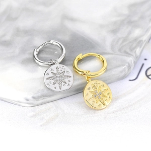S925 silver needle hoop earrings with starburst coin charms and micro-set cubic zirconia