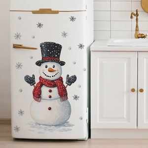 Festive snowman wall sticker with red scarf and hat on a white kitchen refrigerator