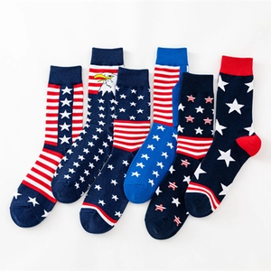 Men's cotton crew socks with American flag stars and stripes pattern on white background