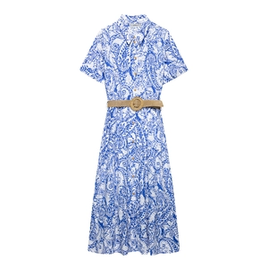 Robe Chemise à Manches Courtes pour Femmes Imprimé Paisley Bleu Avec Ceinture en Paille Tissée Broderie Anglaise Robe Maxi