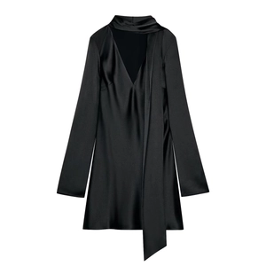 Elegant black satin long sleeve mini dress with V-neckline and neck scarf tie detail