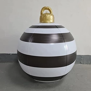 Detail of 60cm black and white striped PVC inflatable Christmas ball with golden hanger top