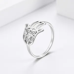 Stainless Steel Hamsa Hand Ring Women Vintage Hollow Out Amulet Protection Ring Gold Silver Black Fashion Jewelry Gift