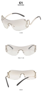 Three-angle views of Y2K snake sunglasses in champagne gold with grey gradient lenses