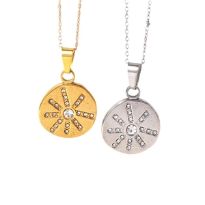 Retro stainless steel necklace with sunburst star pendant and zircon in gold and silver
