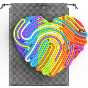 Rainbow heart sensory activity board with maze pattern and a grey storage drawstring bag