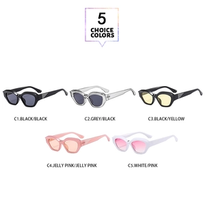 Flat lay of Y2K style sunglasses in five jelly colors on a clean white background