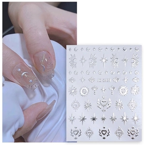Silver metallic nail stickers featuring celestial sun, moon and star motifs, model JO-2439