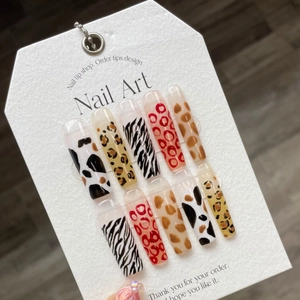 Handmade Long Coffin Press On Nails Animal Print Leopard Cow Zebra Pattern Glossy Fashion False Nails For Women