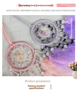 Detail of handmade dreamcatcher car charm with pink feathers and natural crystal stones