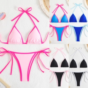 Women Bikini Swimsuit Halter Triangle Top Tie Side Bottom Contrast Piping Nylon Spandex Sexy Backless Beachwear Swimwear