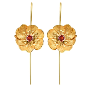 Luxury S925 silver flower earrings with red garnet gemstones on a white background