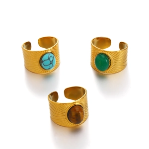 Three-piece set of adjustable gold steel rings with turquoise, jade, and tiger eye stones