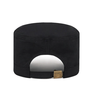 Men's quick-dry flat top cap in black cotton canvas with adjustable metal buckle back