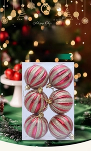 Set of 6 red and gold striped Christmas baubles with glitter texture in a clear box