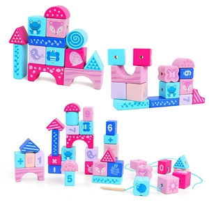 Macro view of wooden educational beads with animal patterns and colorful alphabet shapes