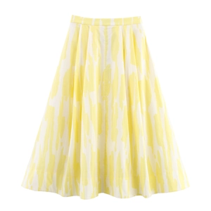 Women High Waist Midi Skirt Abstract Yellow White Brushstroke Print Polyester A-Line Casual Artistic Streetwear