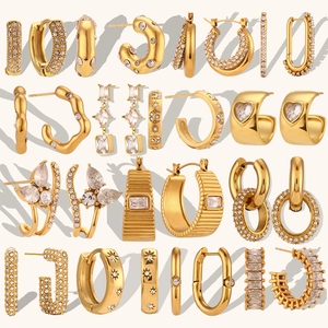 Stainless Steel Hoop Earrings Gold Plated Tarnish Free Jewelry Necklaces Rings Zircon Inlaid Vintage Geometric For Women