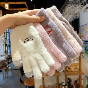 Women Winter Warm Knitted Gloves Thickened Plush Lining Cute Cartoon Bear Embroidery Touchscreen Soft Outdoor Cycling Mittens
