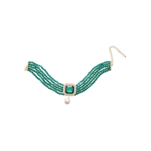 Vintage layered green pearl choker with a square emerald pendant and diamond accents