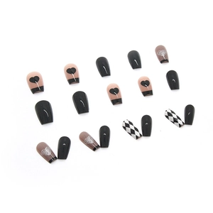 Coffin shaped press-on nails with black heart, glitter, and checkerboard patterns