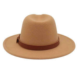 Detailed close-up of a camel felt fedora hat featuring a brown leather belt with metal buckle