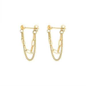 Polished gold titanium steel double chain tassel stud earrings with minimalist design