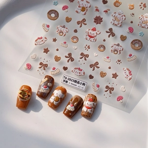 5D embossed nail art stickers with dessert dog, donuts and heart motifs in brown and beige