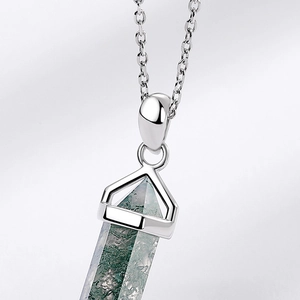 Natural green moss agate hexagonal pendant necklace with polished S925 sterling silver chain