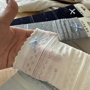 Breathable hollow mesh crew socks with ribbons in white, gray, black and light blue