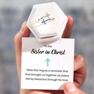 S925 sterling silver cross ring with blue stones and To My Sister in Christ card