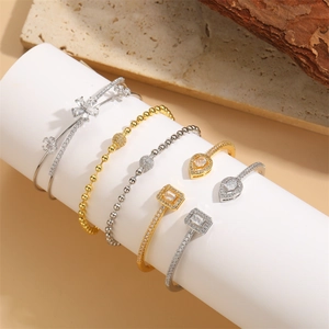 Copper Zircon Open Cuff Bracelet For Women Geometric Water Drop Square Flower Elegant Light Luxury Jewelry