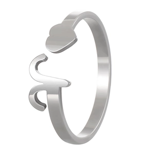 Polished silver adjustable open ring featuring heart and streamlined script design
