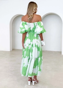Detail of off-shoulder puff sleeves and back view of elegant green floral maxi dress
