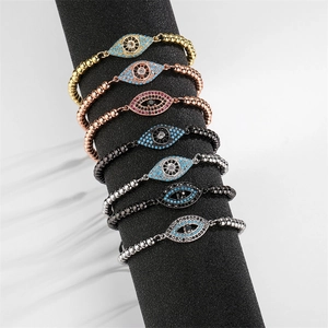 Evil Eye Bracelet Copper Micro Pave Zircon Adjustable Braided Rope Beaded Ethnic Jewelry Unisex