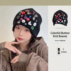 Knitted Beanie Hat With Multi-Color Buttons Acrylic Warm Winter Slouchy Style Fashion Cap For Women
