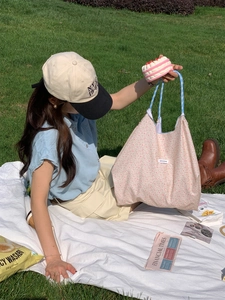 Detail of pink floral canvas tote bag with blue handles on a picnic blanket
